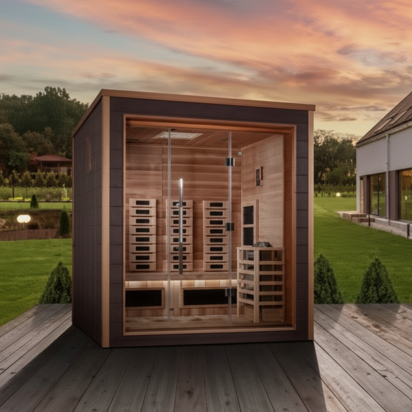 Golden Designs Visby 3 Person Hybrid (PureTech™ Full Spectrum IR or Traditional Stove) Outdoor Sauna (GDI-8223-01) - Canadian Red Cedar Interior