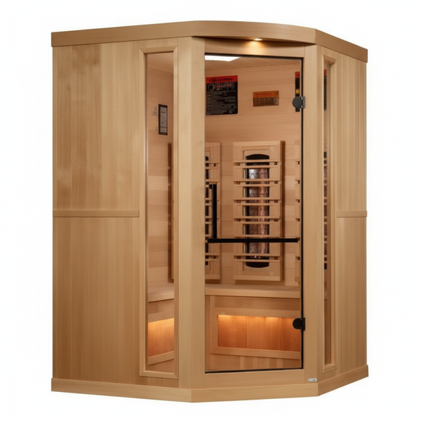 Golden Designs 3-Person Corner Full Spectrum PureTech™ Near Zero EMF (Under 3MG) FAR Infrared Sauna with Himalayan Salt Bar (Canadian Hemlock)