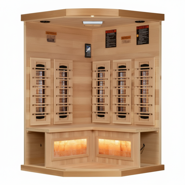 Golden Designs 3-Person Corner Full Spectrum PureTech™ Near Zero EMF (Under 3MG) FAR Infrared Sauna with Himalayan Salt Bar (Canadian Hemlock)