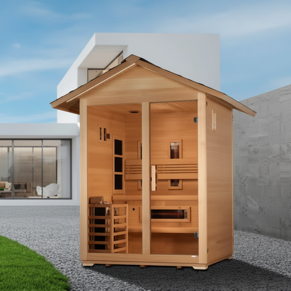 Golden Designs "Carinthia" 3 Person Hybrid (PureTech™ Full Spectrum IR or Traditional Stove) Outdoor Sauna -  Canadian Hemlock