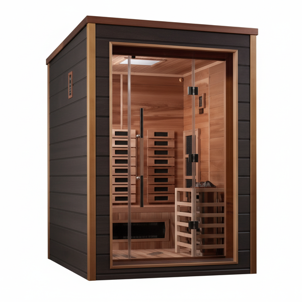 Golden Designs Nora 2 Person Hybrid (PureTech™ Full Spectrum IR or Traditional Stove) Outdoor Sauna  (GDI-8222-01) - Canadian Red Cedar Interior