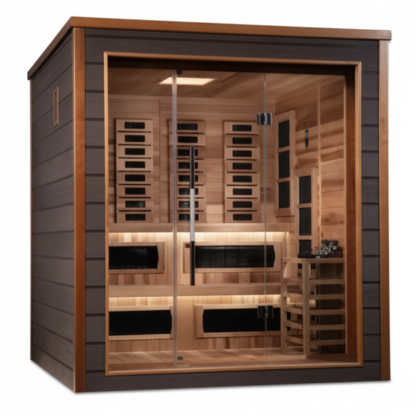 Golden Designs Karlstad 6 Person Hybrid (PureTech™ Full Spectrum IR or Traditional Stove) Outdoor Sauna (GDI-8226-01) - Canadian Red Cedar Interior