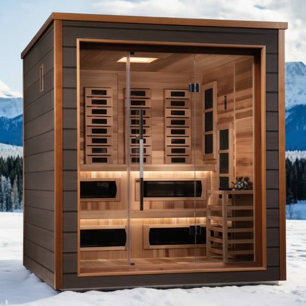 Golden Designs Karlstad 6 Person Hybrid (PureTech™ Full Spectrum IR or Traditional Stove) Outdoor Sauna (GDI-8226-01) - Canadian Red Cedar Interior