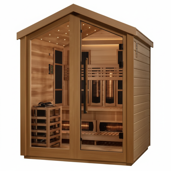 Golden Designs Loviisa 3 Person Hybrid (PureTech™ Full Spectrum IR or Traditional Stove) Outdoor Sauna (GDI-8523-02) - Canadian Red Cedar Interior, Pacific Cedar Finish