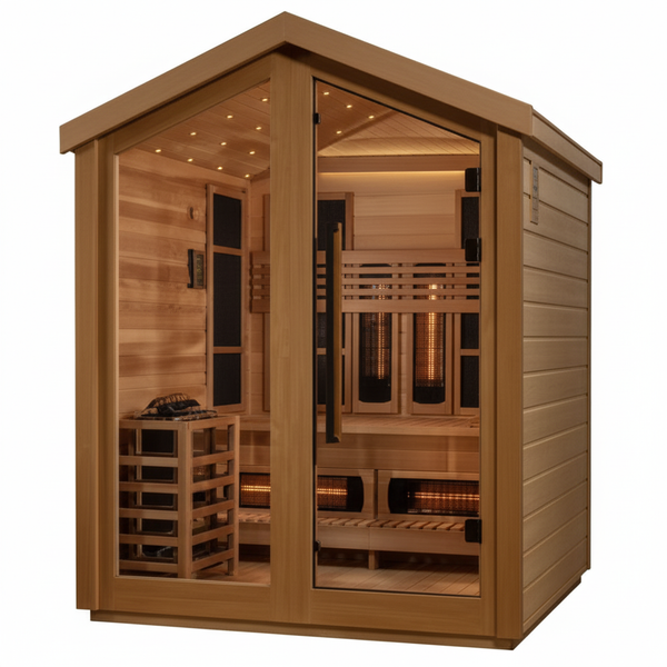 Golden Designs Loviisa 3 Person Hybrid (PureTech™ Full Spectrum IR or Traditional Stove) Outdoor Sauna (GDI-8523-03) - Canadian Red Cedar Interior, 2 Tone Finish