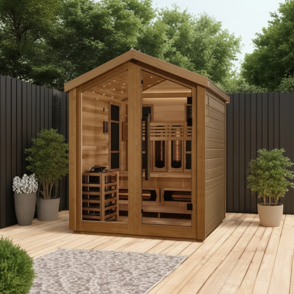 Golden Designs Loviisa 3 Person Hybrid (PureTech™ Full Spectrum IR or Traditional Stove) Outdoor Sauna (GDI-8523-03) - Canadian Red Cedar Interior, 2 Tone Finish