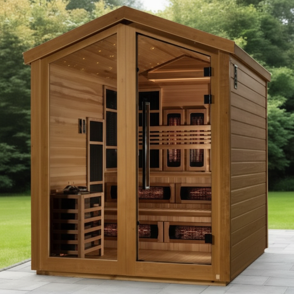 Golden Designs Kaskinen 6 Person Hybrid (PureTech™ Full Spectrum IR or Traditional Stove) Outdoor Sauna (GDI-8526-01) - Canadian Red Cedar Interior