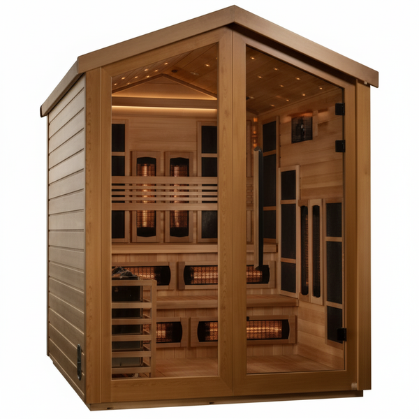 Golden Designs Kaskinen 6 Person Hybrid (PureTech™ Full Spectrum IR or Traditional Stove) Outdoor Sauna (GDI-8526-02) - Canadian Red Cedar Interior, Pacific Cedar Finish