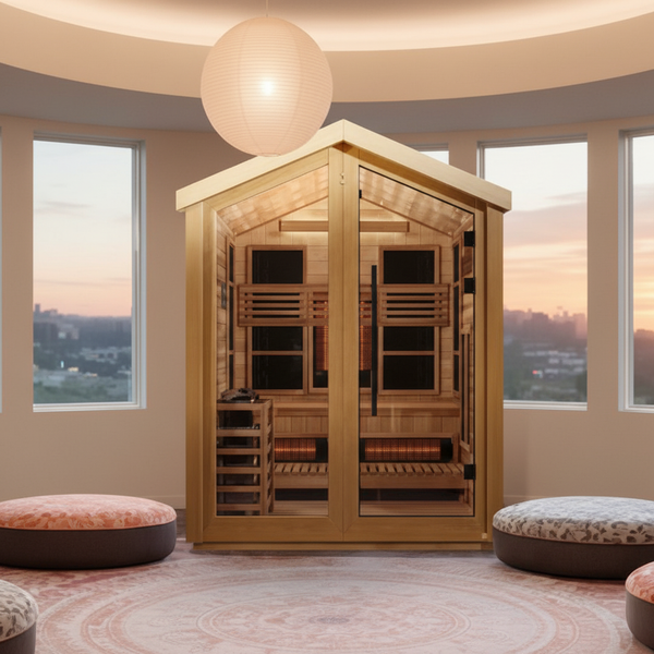 Golden Designs Kaskinen 6 Person Hybrid (PureTech™ Full Spectrum IR or Traditional Stove) Outdoor Sauna (GDI-8526-02) - Canadian Red Cedar Interior, Pacific Cedar Finish