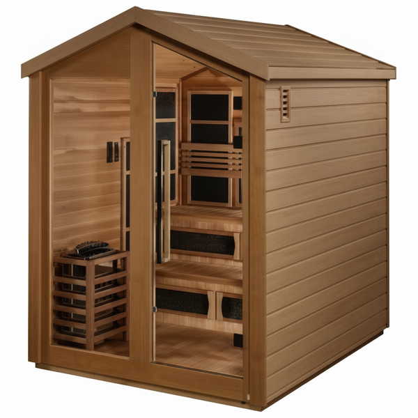 Golden Designs Kaskinen 6 Person Hybrid (PureTech™ Full Spectrum IR or Traditional Stove) Outdoor Sauna (GDI-8526-03) - Canadian Red Cedar Interior, 2 Tone Finish