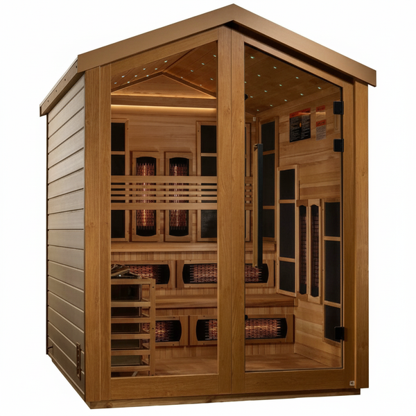 Golden Designs Kaskinen 6 Person Hybrid (PureTech™ Full Spectrum IR or Traditional Stove) Outdoor Sauna (GDI-8526-04) - Canadian Red Cedar Interior, Black Finish