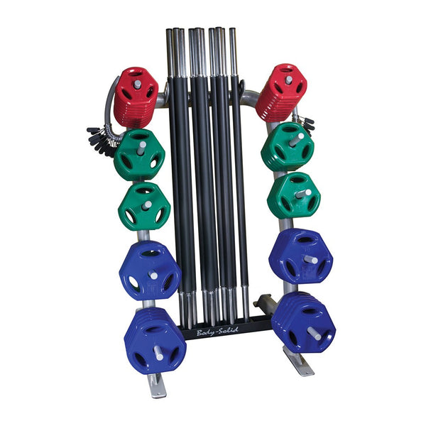 Cardio Barbell Pack, Includes 1-Rack, 10-55" straight bars, 20-1" spring collars, 20-2.5lb plates, 20-5lb plates, 20-10lb plates