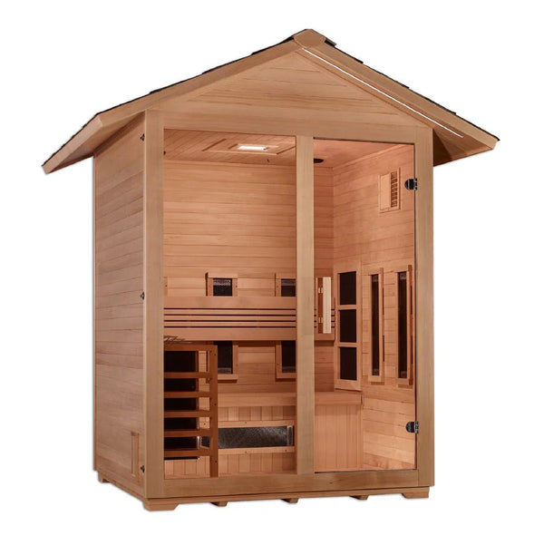Golden Designs "Carinthia" 3 Person Hybrid (PureTech™ Full Spectrum IR or Traditional Stove) Outdoor Sauna -  Canadian Hemlock